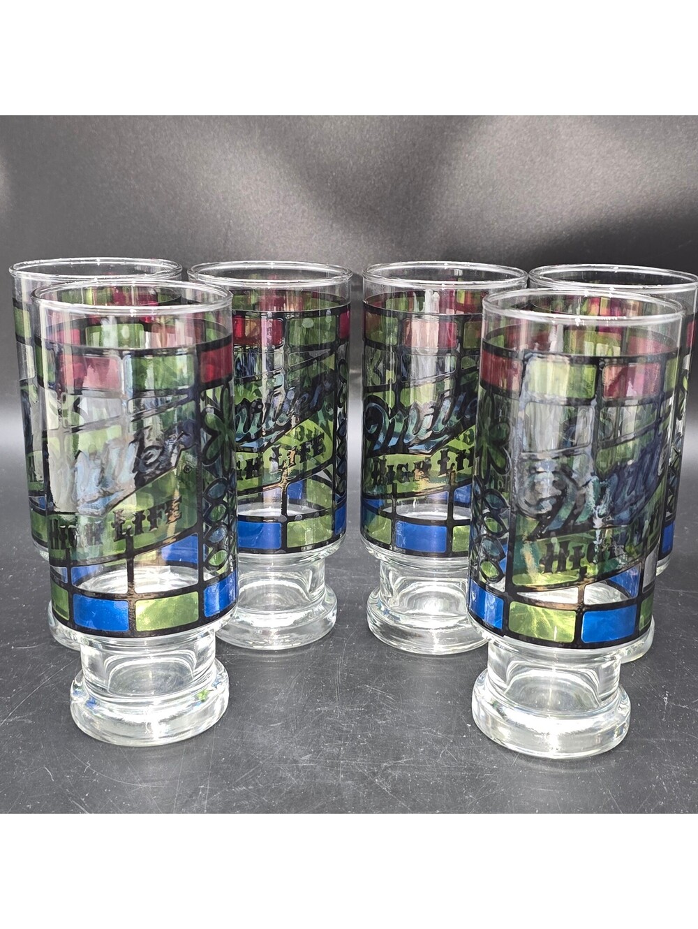 Set of 6 Vintage Miller High Life Beer Glasses with Stained Glass Design